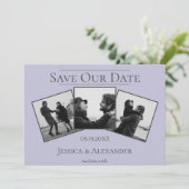 シンプル3枚写真コラージュ | ラベンダー 結婚式の日程お知らせ セーブザデート (スタンド正面)