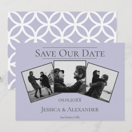 シンプル3枚写真コラージュ | ラベンダー 結婚式の日程お知らせ セーブザデート (正面/裏面)