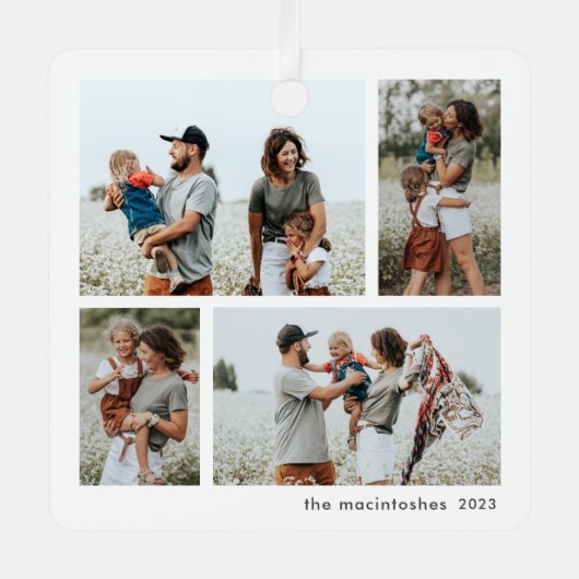 シンプル4フォトコラージスクリプトメリークリスマス メタルオーナメント (正面)