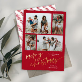 シンプル4フォトコラージスクリプトメリークリスマス 箔シーズンカード