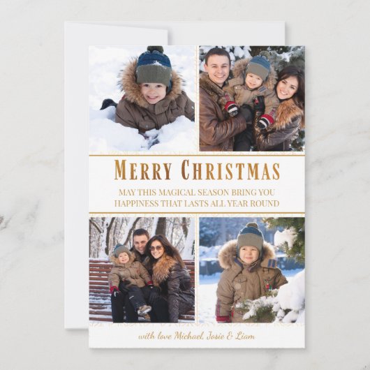 シンプル4フォトコラージュ白金ゴールドメリークリスマス シーズンカード (正面)