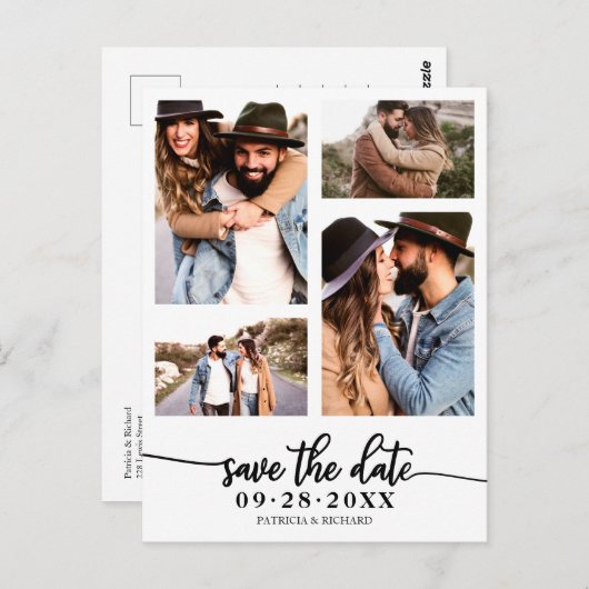 シンプル4フォトコラージュ結婚式の日付を保存 ポストカード (正面/裏面)