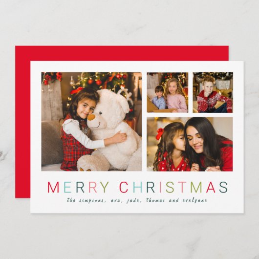 シンプル4枚写真コラージュメリークリスマスカラフル  シーズンカード (正面/裏面)