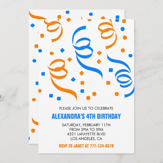 シンプル4歳の誕生日招待状紙吹雪ブルー 招待状 (正面/裏面)