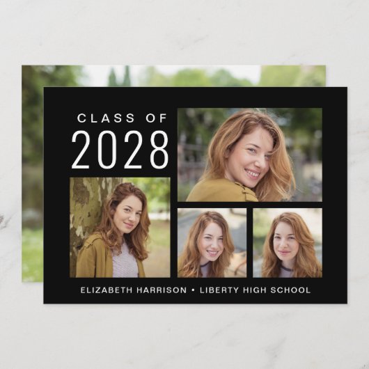 シンプル5フォトコラージュ黒卒業 案内状 (正面/裏面)