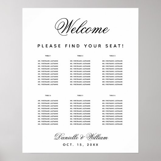 シンプル6結婚テーブルの白黒の座席表 ポスター (正面)