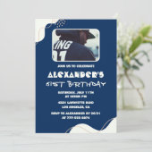 シンプル61歳の誕生日招待状メンズ写真海軍 招待状 (スタンド正面)