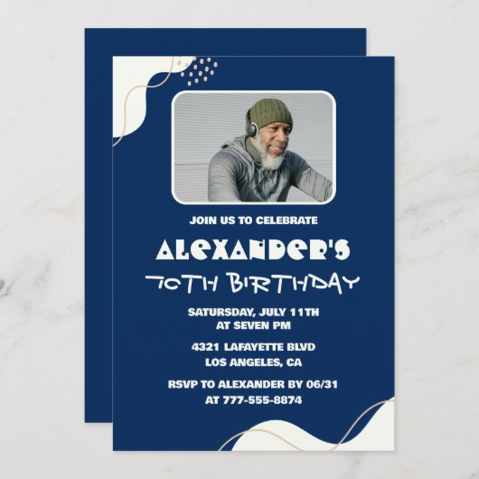 シンプル70歳の招待状メンズ写真海軍 招待状 (正面/裏面)