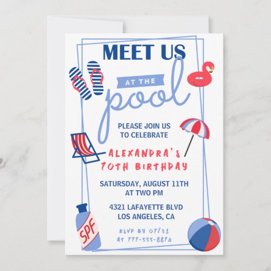 シンプル70歳の誕生日招待状プールパーティー夏 招待状 (正面)