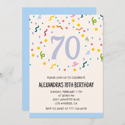 シンプル70歳の誕生日招待状紙吹雪モダン 招待状 (正面/裏面)
