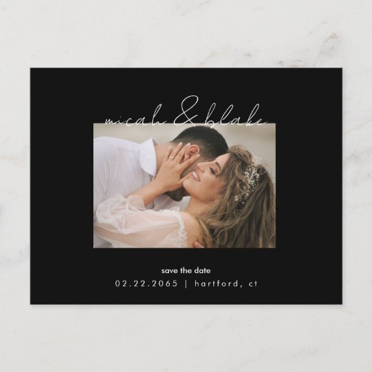 シンプル＆おしゃれな写真 黒 結婚式 Save the Date ポストカード (正面)