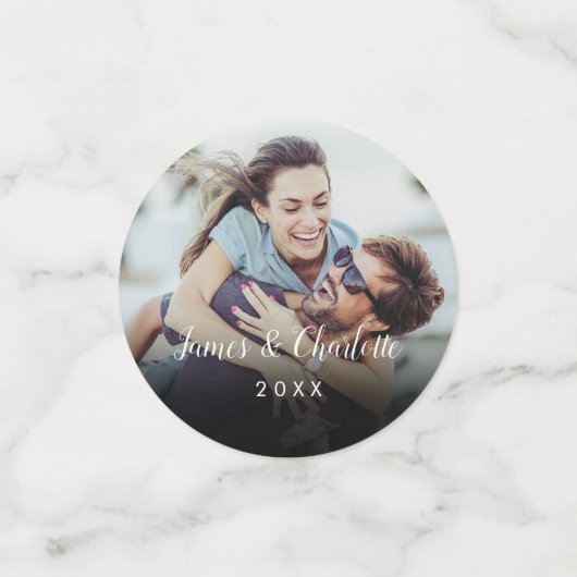 シンプル お二人の写真入りスクリプト 名前 日付 コンフェッティ (スモール正面)