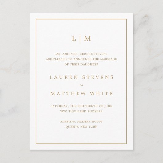 シンプル アンティーク ゴールド モノグラム エレガント ウェディング 案内ポストカード (正面)