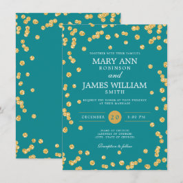 シンプル エレガント ウェディング ゴールド グリッター コンフェッティ ティール 招待状