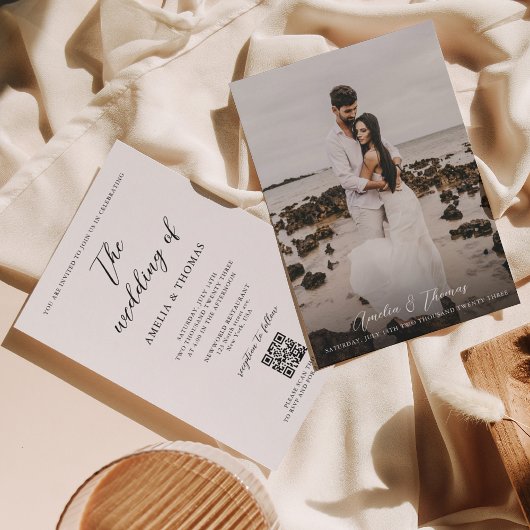 シンプル エレガント スクリプト フォト QR コード ウェディング 招待状