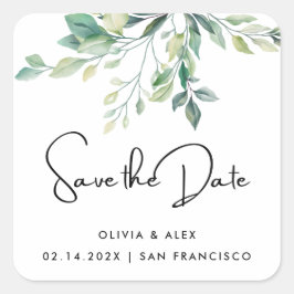 シンプル エレガント テキストとグリーン | Save The Date スクエアシール