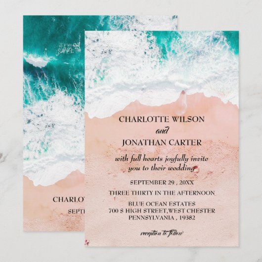 シンプル エレガント トロピカル コースト ビーチ ウェディング 招待状 (正面/裏面)
