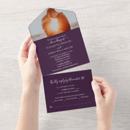 シンプル エレガント フォト ウェディング RSVP パープル オールインワン招待状