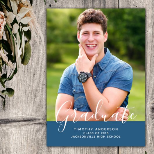 シンプル エレガント フォト 卒業証書 縦 | 青 招待状