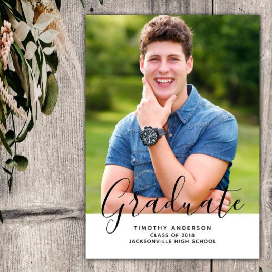 シンプル エレガント フォト 卒業 縦 | 白 招待状