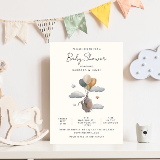 シンプル＆エレガント ミニマリスト ベイビー シャワー エレファント 招待状