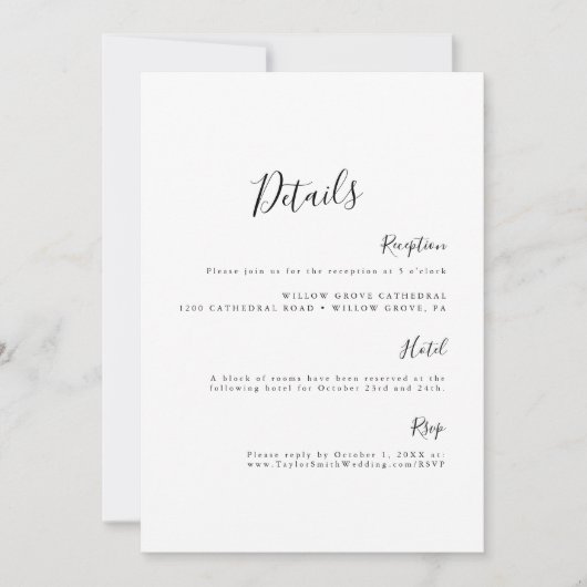 シンプル エレガント ミニマル ブラック＆ホワイトの詳細カード 招待状 (正面)