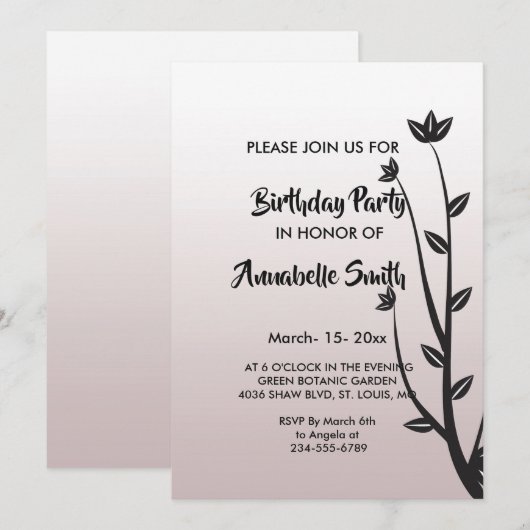 シンプル エレガント モダンな葉の誕生日 招待状 (正面/裏面)