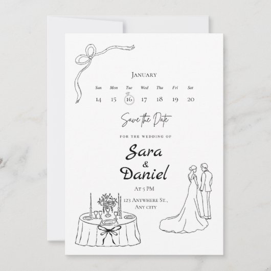 シンプル エレガント 結婚式 招待状 日時告知カード (正面)