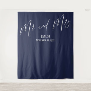 シンプル エレガント Mr and Mrs ネイビー フォト バックドロップ タペストリー