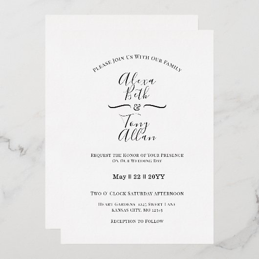 シンプル クラシック カーシブ フォント カスタム 箔招待状 (正面/裏面)