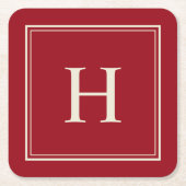 シンプル クラシック クランベリー レッド モノグラム付き スクエアペーパーコースター (正面)