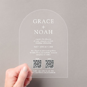 シンプル クラシック タイポグラフィー QR RSVP ウェディング アーチ アクリル招待状