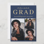 シンプル クラシック ネイビーブルー ゴールド フォト 卒業式 招待状 (正面)