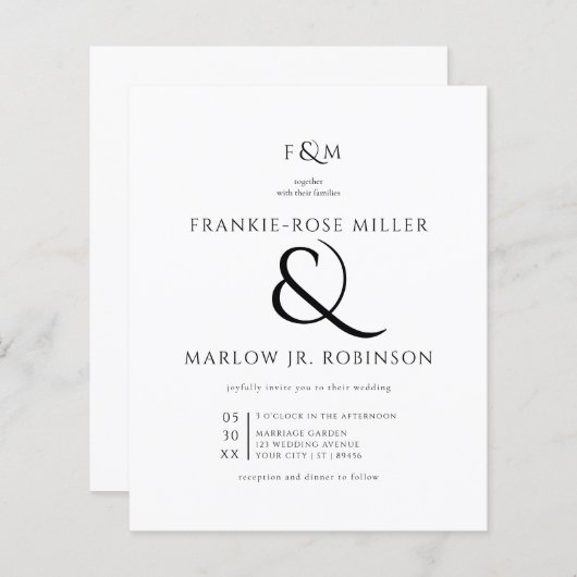 シンプル&クラスモノグラムバジェット結婚式招待状 (正面/裏面)