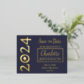 シンプル クラッシィ ブルー 2024 卒業おめでとう 箔招待状ポストカード (立ち正面)