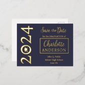 シンプル クラッシィ ブルー 2024 卒業おめでとう 箔招待状ポストカード (正面/裏面)