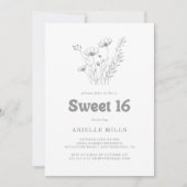 シンプル グレー 野の花 Sweet 16 誕生日パーティー 招待状 (正面)
