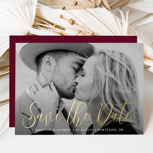シンプル ゴールドフォイル スクリプト 写真 Save the Date 箔招待状