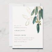 シンプル ゴールド グリーン ユーカリの葉 ウェディング 招待状 (正面)