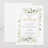 シンプル ゴールド スクリプト グリーンレーブ ウェディング   招待状 (正面/裏面)
