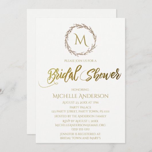 シンプル ゴールド ホワイト モノグラム リース 招待状 (正面/裏面)