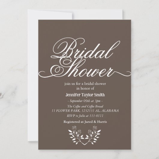 シンプル&シック書道ワイルドフラワーブライダルシャワー 招待状 (正面)