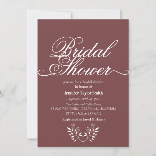 シンプル&シック書道ワイルドフラワーブライダルシャワー 招待状 (正面)