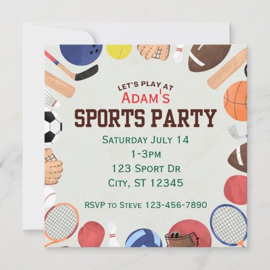 シンプル スクエア スポーツ 誕生日パーティー 招待状 (正面)