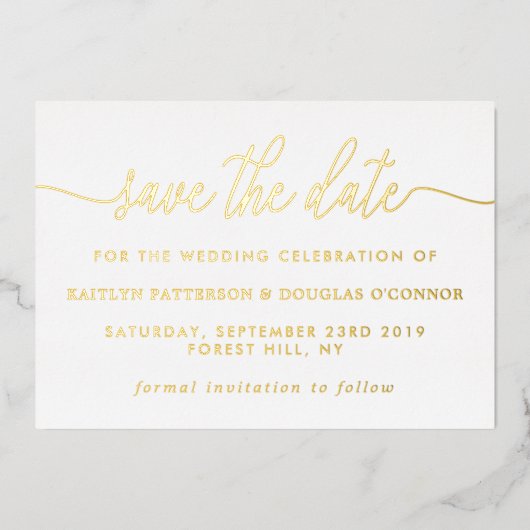 シンプル・スクリプト日付の保実在存 箔招待状 (正面)