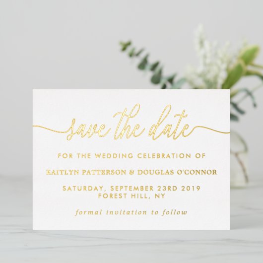 シンプル・スクリプト日付の保実在存 箔招待状 (立ち正面)