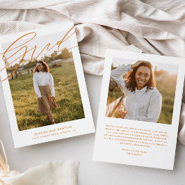 シンプル スクリプト オレンジ 写真 卒業おめでとう アナウンスメント 招待状