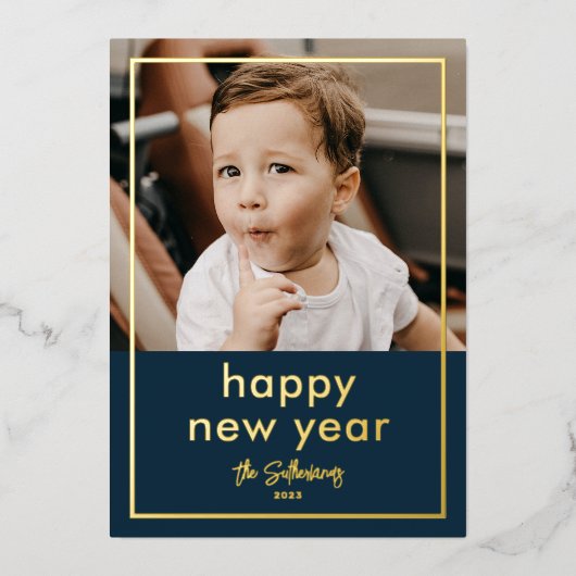 シンプル スクリプト 名前 ミニマル 写真 新年 箔シーズンカード (正面)