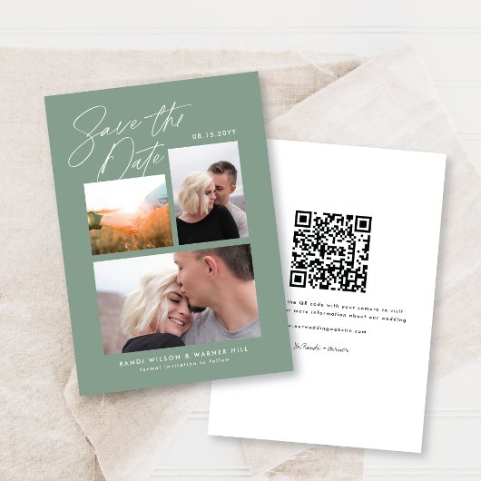 シンプル & スタイリッシュなグリーンの３つの写真 手書き セーブザデート