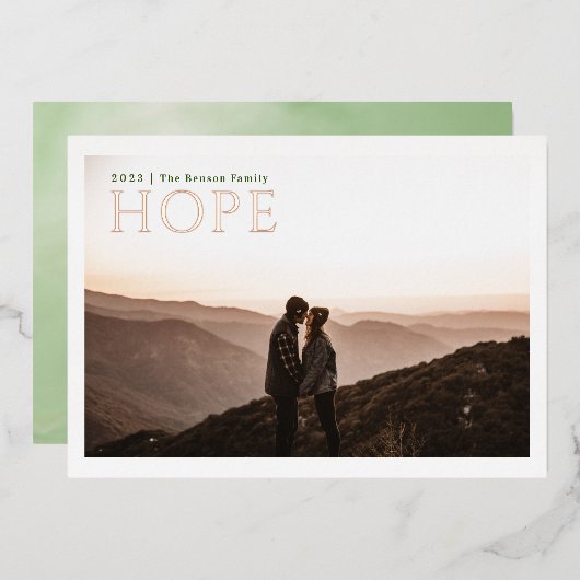 シンプル セリフ HOPE 緑 水彩 現実的 箔シーズンカード (正面/裏面)